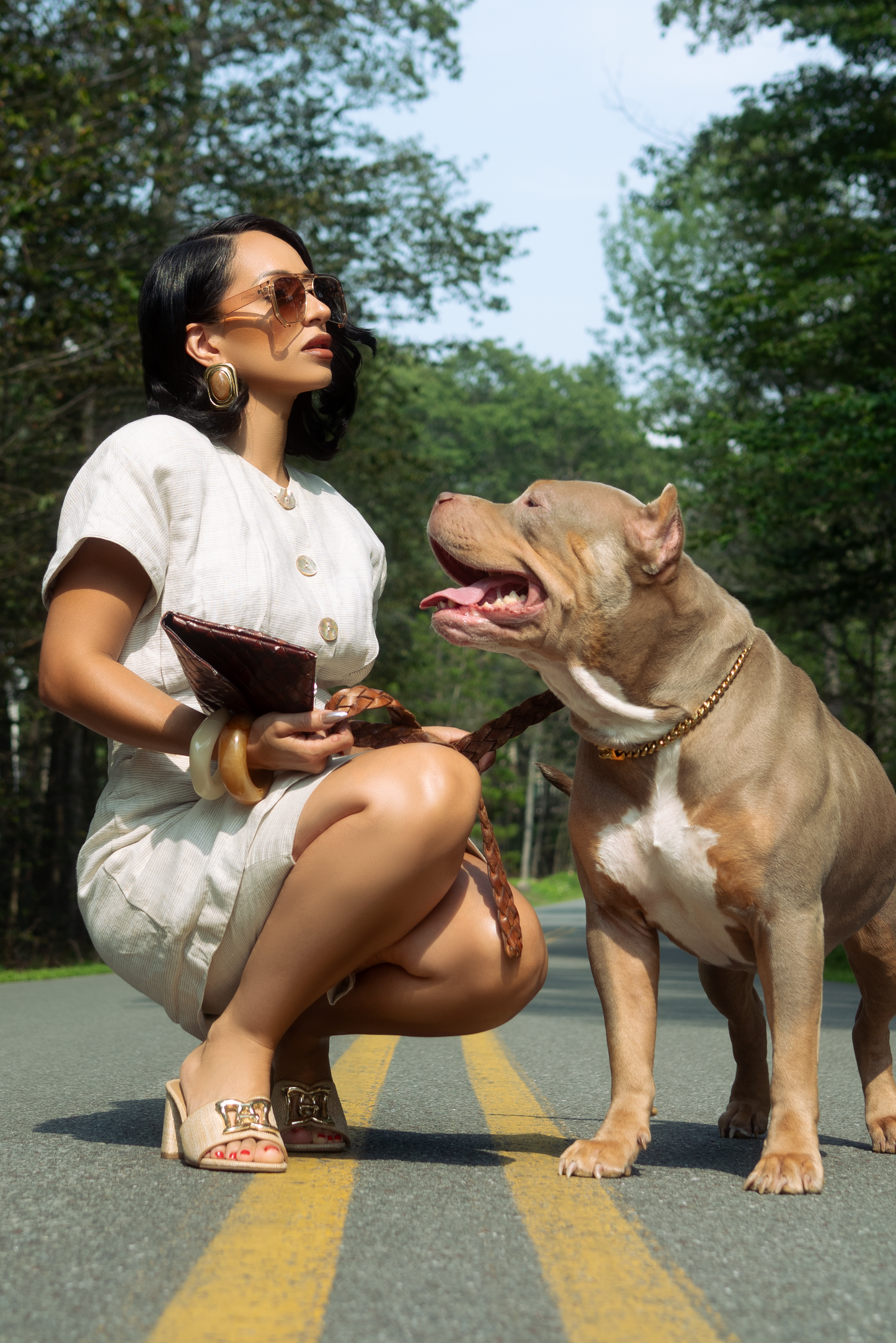Woman in a white dress sitting on a road with a large dog, surrounded by greenery wearing AVION sunglasses from 1980nine in shade sheer-cream.