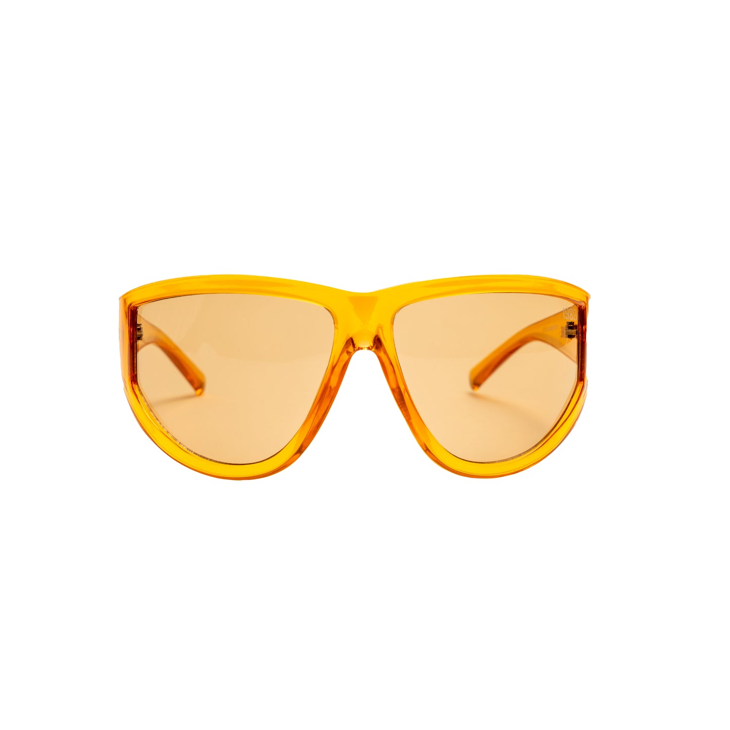 Oversized curved sunglasses with bold honey amber frame and golden tinted lenses