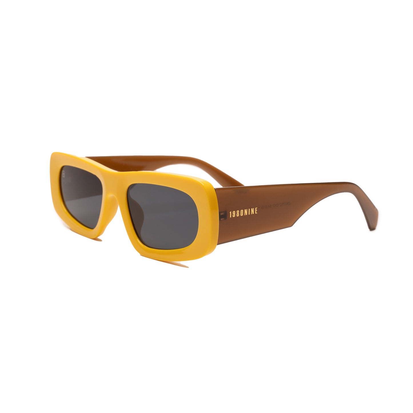 Bold rectangular sunglasses with yellow frame and dark tinted lenses and thick brown temples.