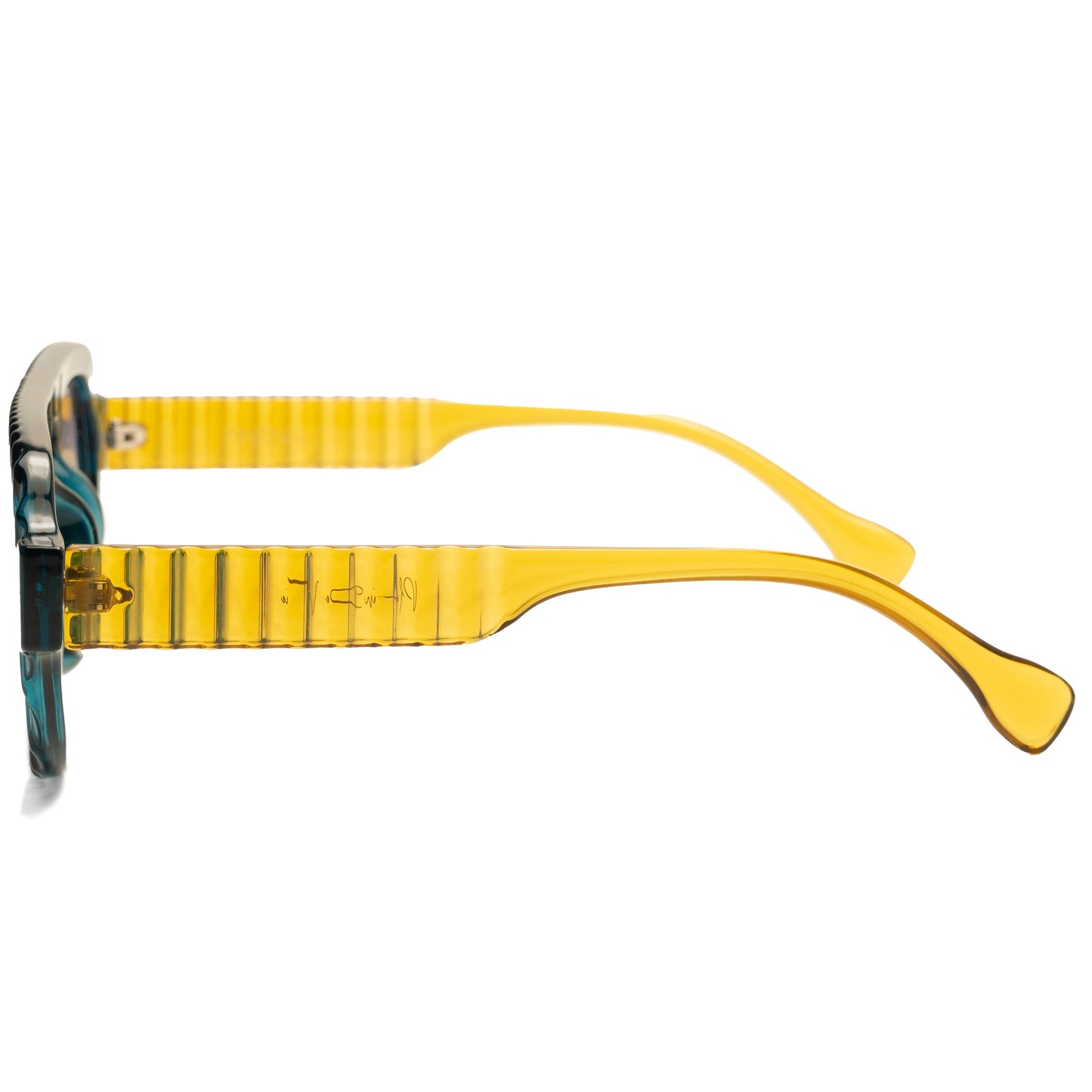 Oversized rectangular shield sunglasses with bright cobalt blue ribbed frame and gradient icy blue lenses and bright yellow temples.