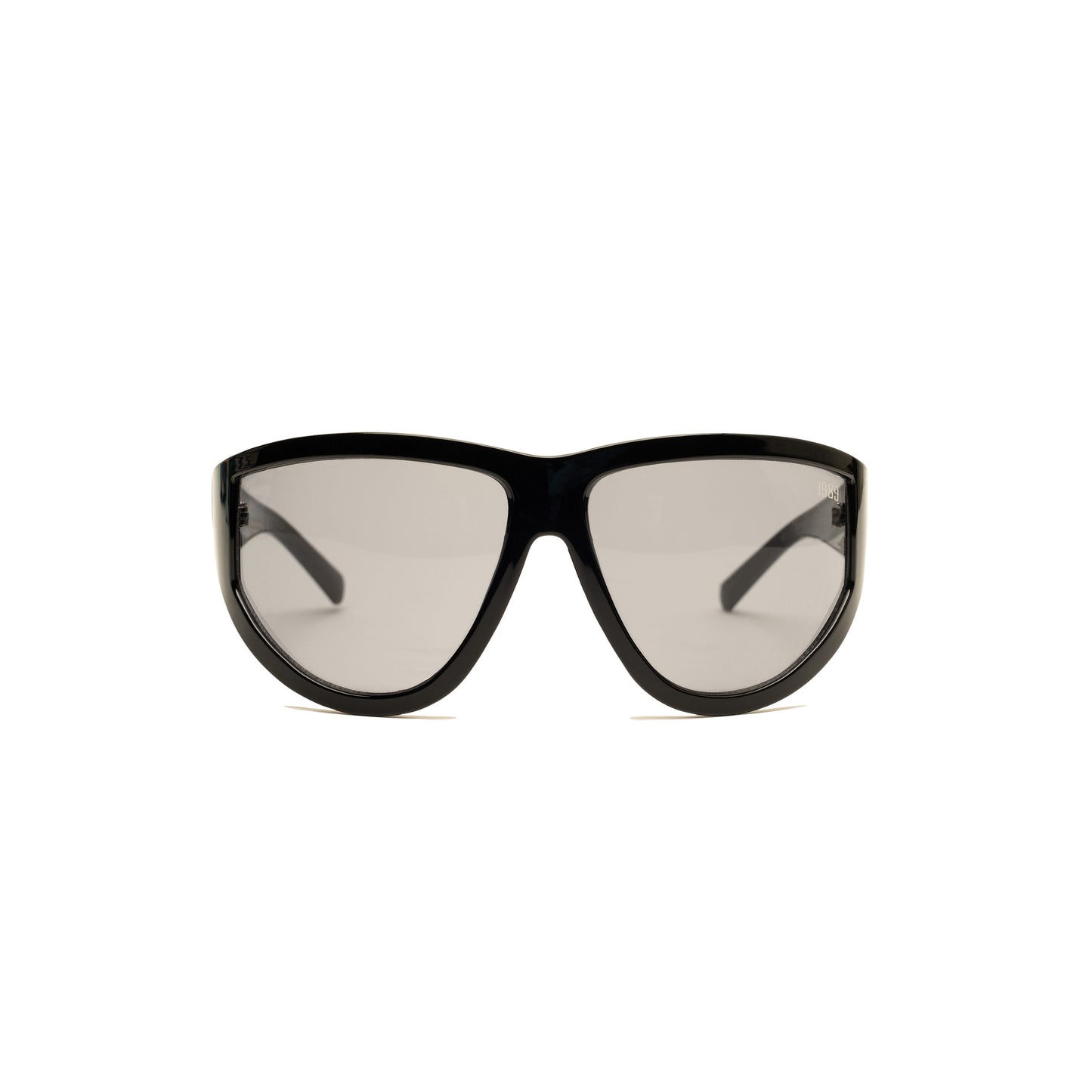 Oversized curved sunglasses with sleek black frame and smokey grey lenses.