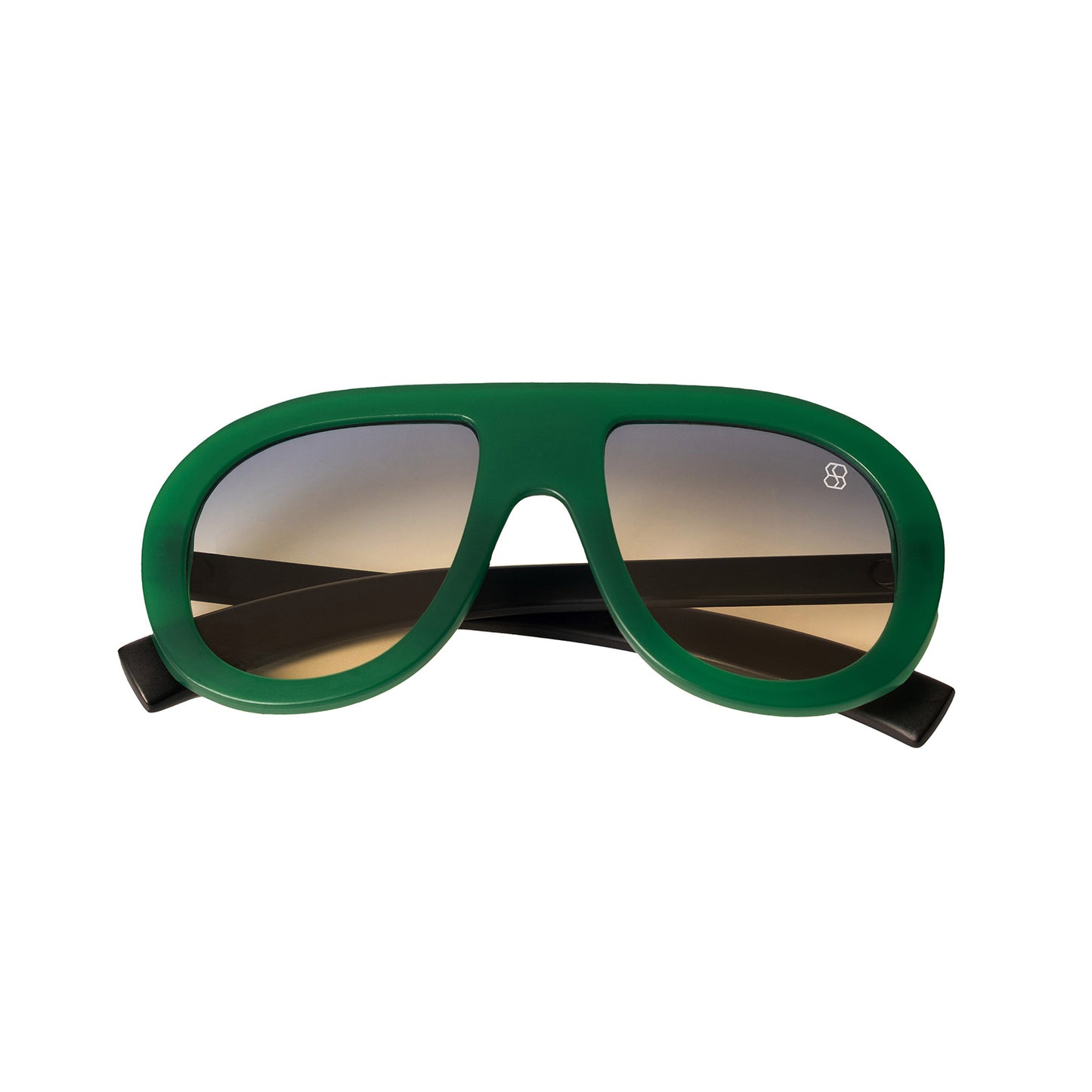 Oversized oval sunglasses with thick frames, available in green with yellow lenses, black with dark lenses, and blue with purple-tinted lenses. Wide, bold arms.