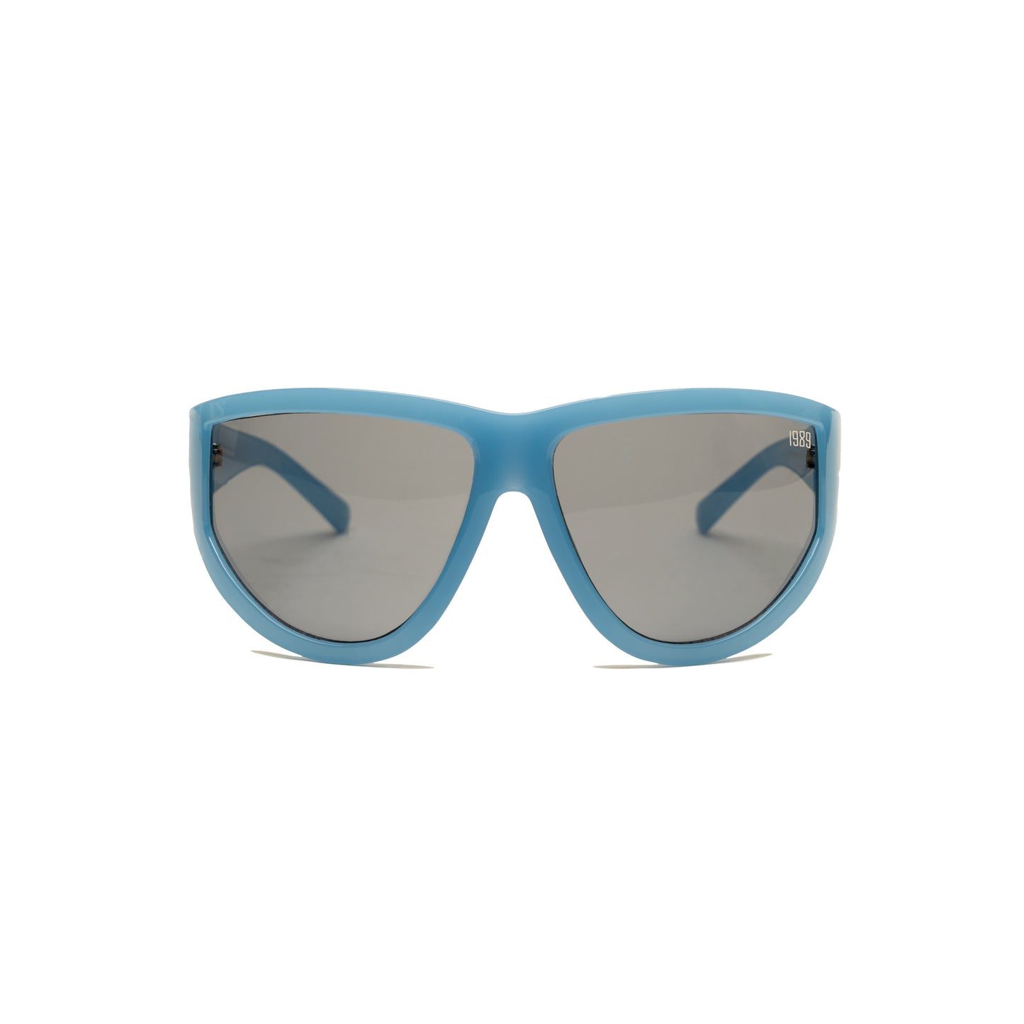 Oversized curved sunglasses with sleek blue frame and smokey grey lenses.
