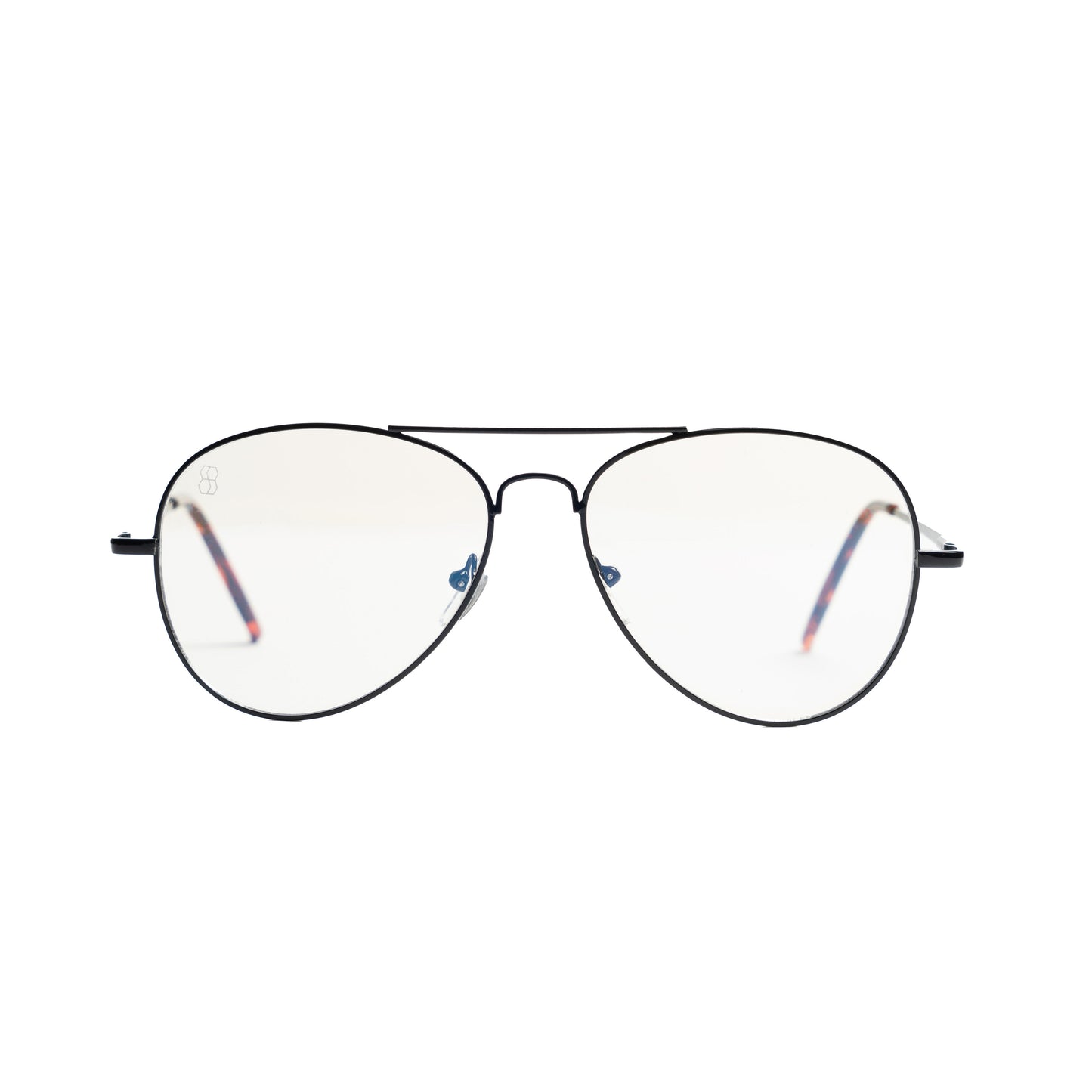 Black Aviator inspired blue light glasses with lightweight metal frames. Minimalist, modern eyewear from 1980nine.