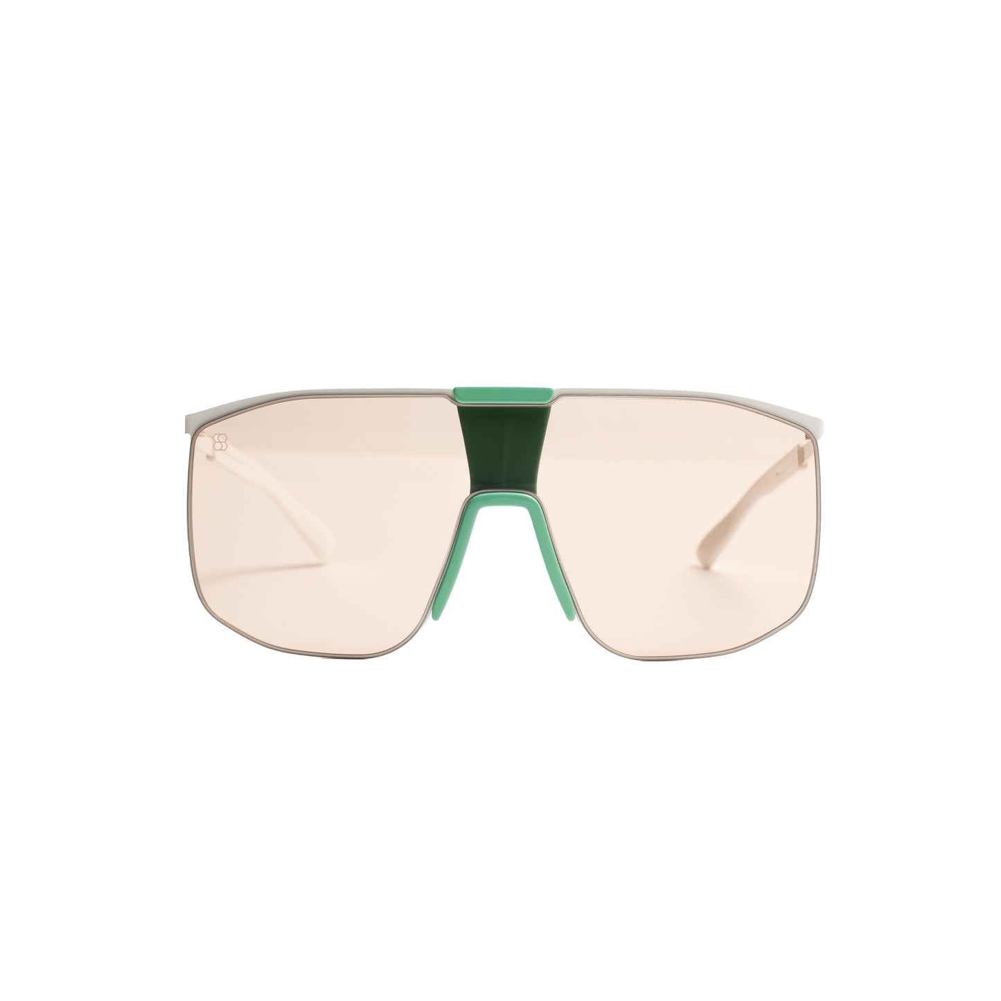 oversized shield sunglasses with emerald green bridge and blush tinted single shield lens.