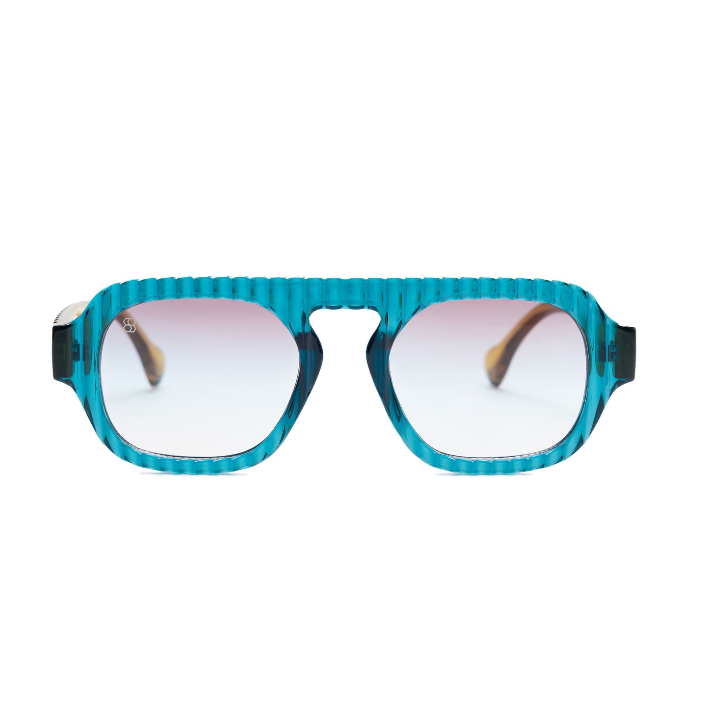 Oversized rectangular shield sunglasses with bright cobalt blue ribbed frame and gradient icy blue lenses.