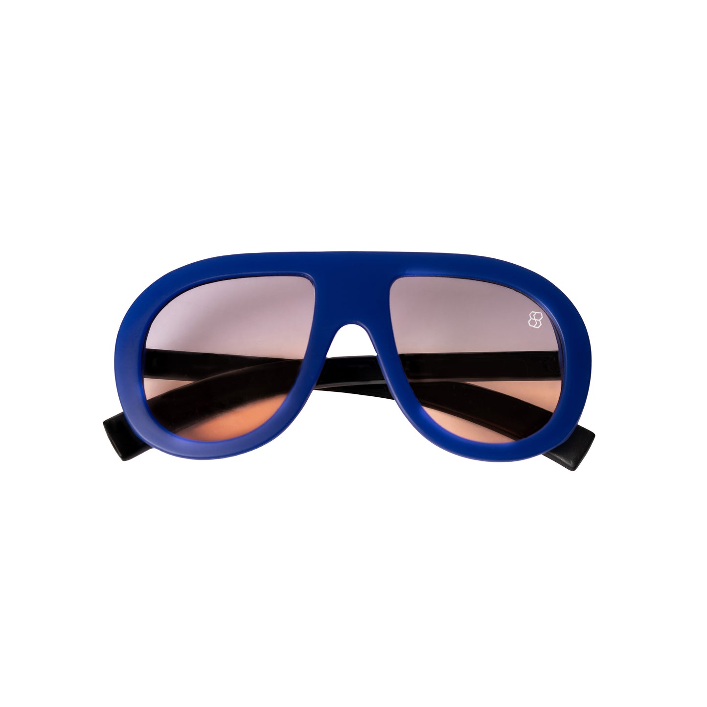 Oversized oval sunglasses with thick frames, available in green with yellow lenses, black with dark lenses, and blue with purple-tinted lenses. Wide, bold arms.