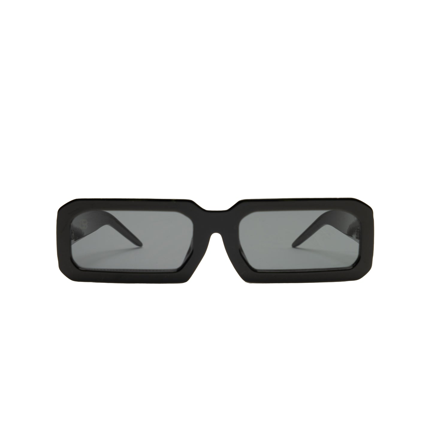 Black sunglasses with dark lenses on a white background