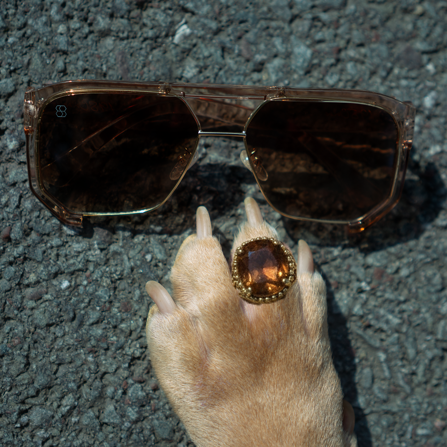 Sunglasses on a textured surface with a hand wearing a ring holding them.