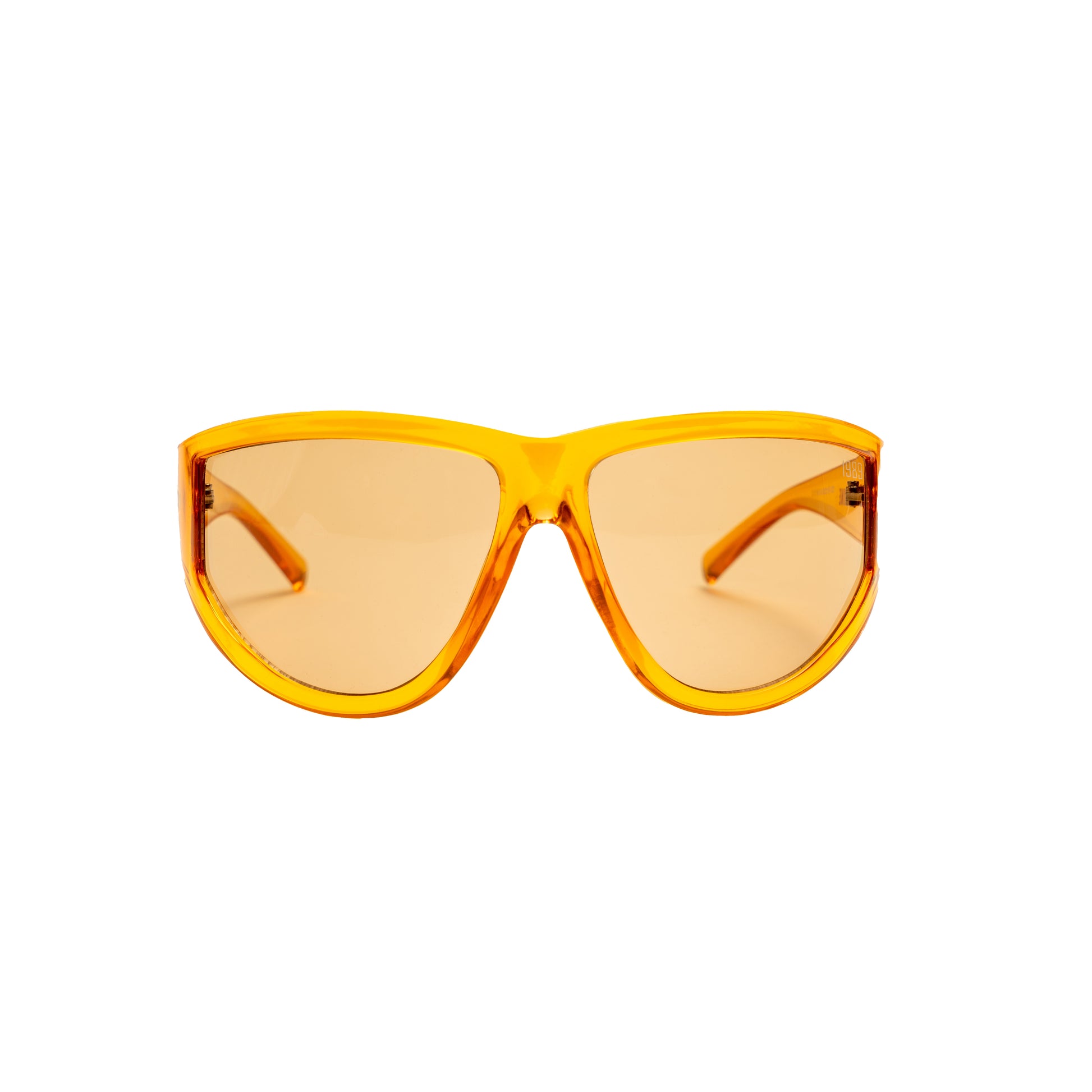 Oversized curved sunglasses with bold honey amber frame and golden tinted lenses
