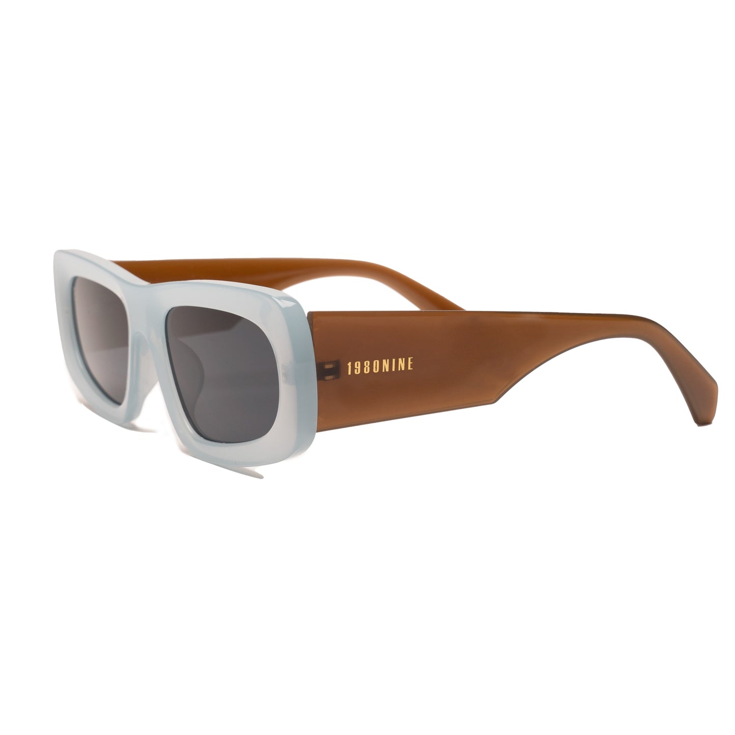 Bold rectangular sunglasses with blue frame and dark tinted lenses.