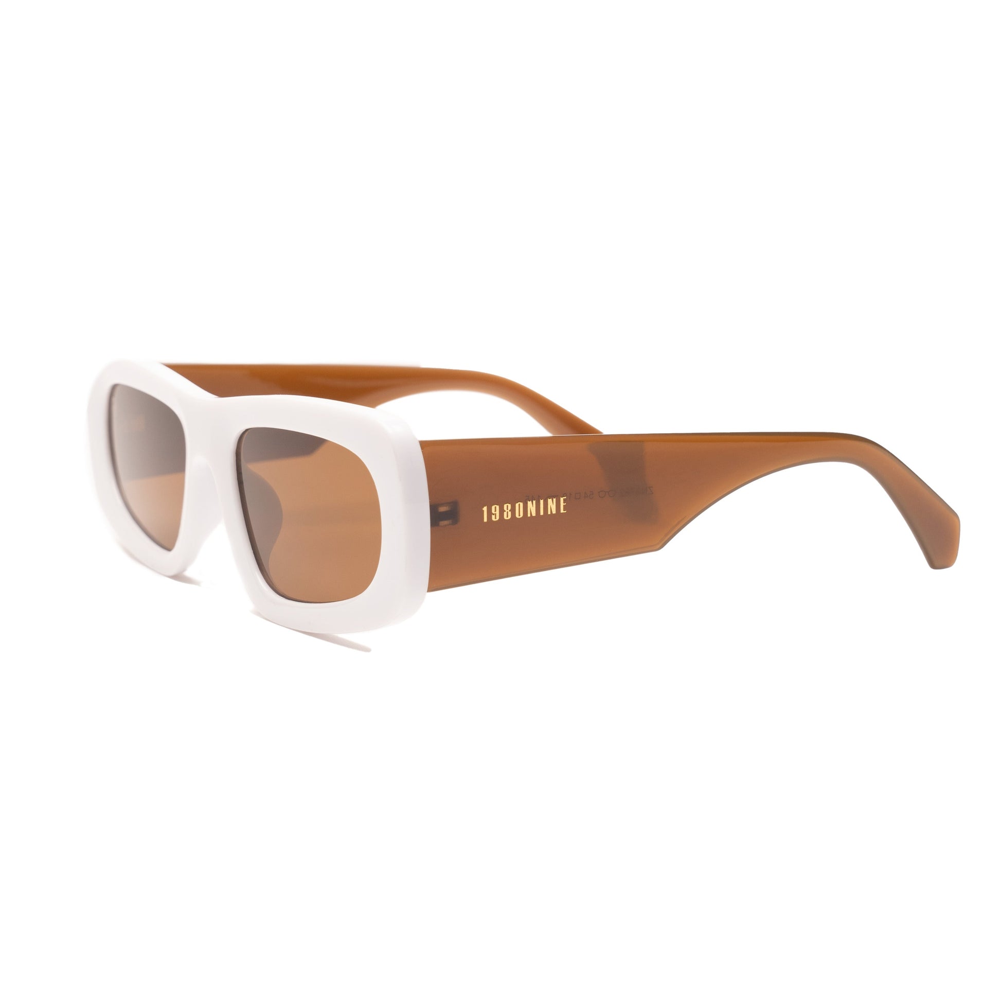 side angle of bold rectangular sunglasses with white frame and dark tinted lenses.