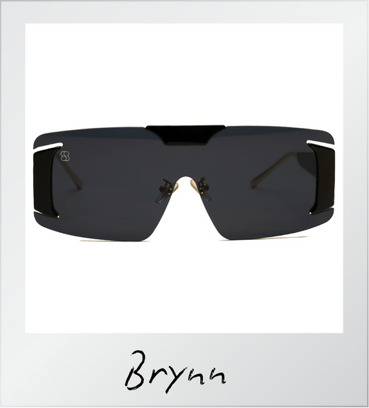 Black sunglasses with a white border and 'Brynn' branding on a white background