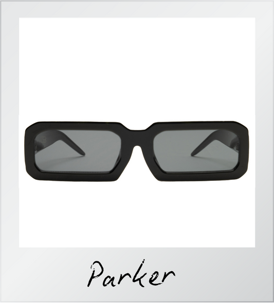 Black sunglasses in a white frame with 'Parker' branding.