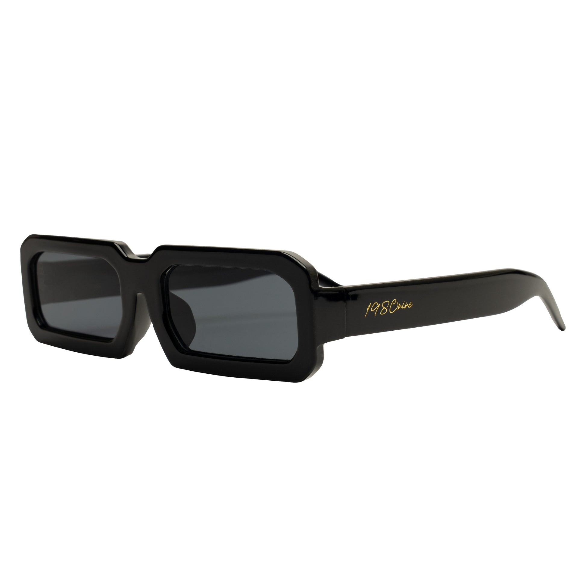 Black sunglasses with a brand logo on a white background