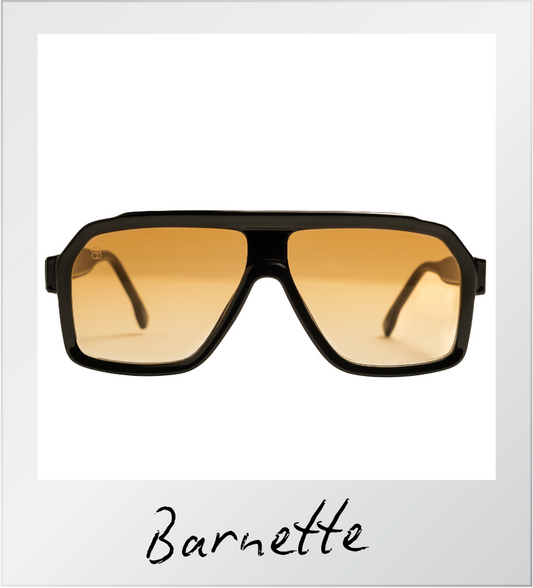 Sunglasses with brown gradient lenses in a white frame, featuring the brand 'Barnette'.