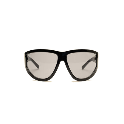 Oversized curved sunglasses with sleek black frame and smokey grey lenses.