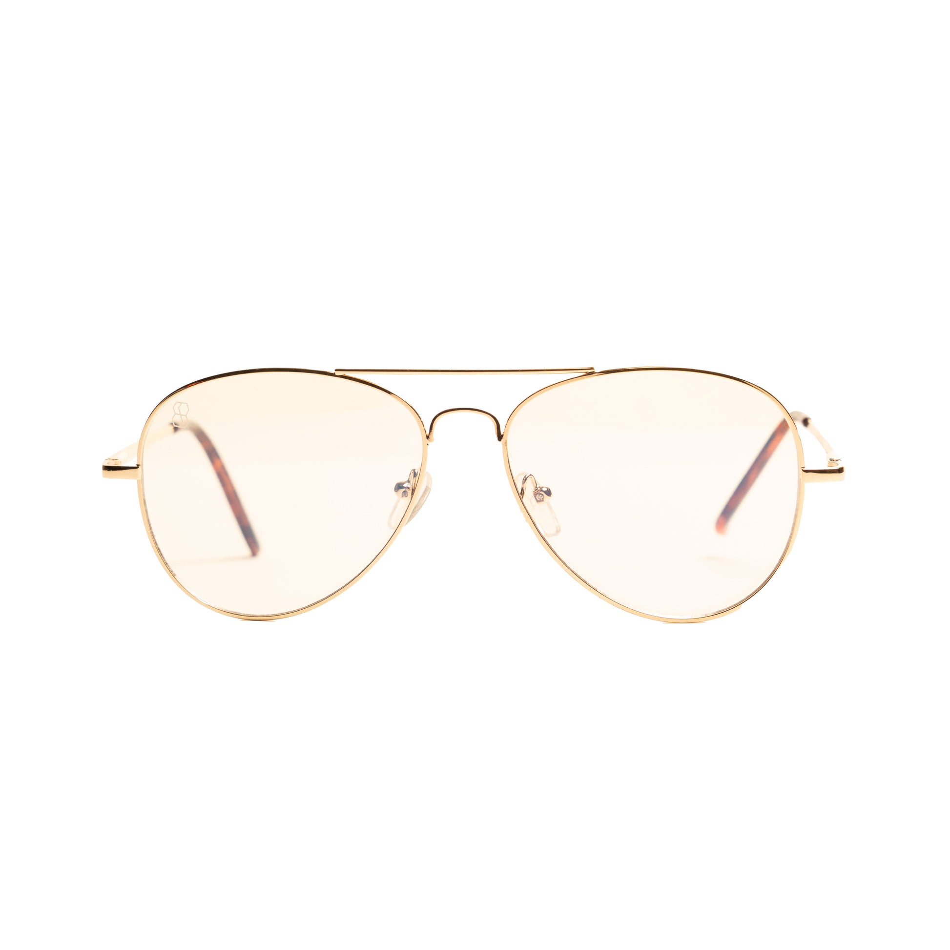 Gold aviator inspired blue light glasses with lightweight metal frames. Minimalist, modern eyewear from 1980nine 