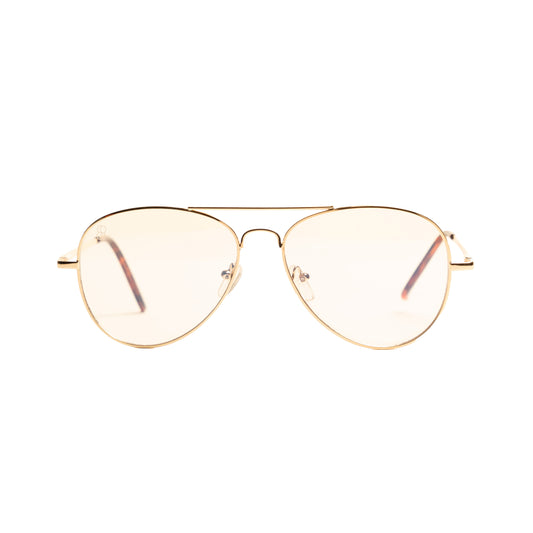 Gold aviator inspired blue light glasses with lightweight metal frames. Minimalist, modern eyewear from 1980nine 