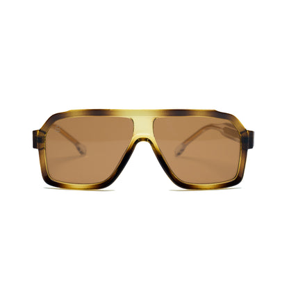 Oversized square sunglasses with thick frame and amber gradient lenses viewed from front. Vintage print on frame.