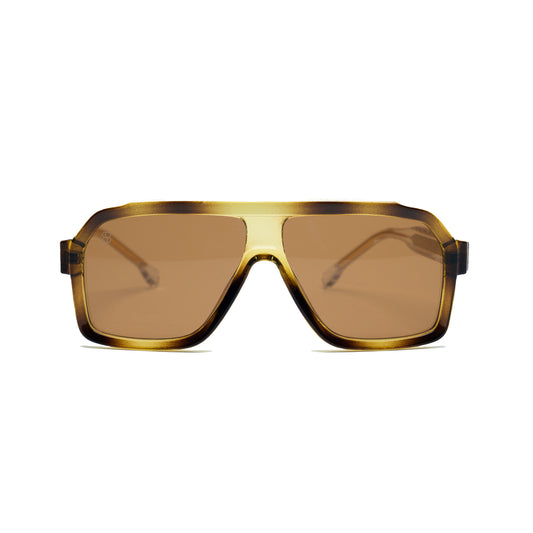 Oversized square sunglasses with thick frame and amber gradient lenses viewed from front. Vintage print on frame.