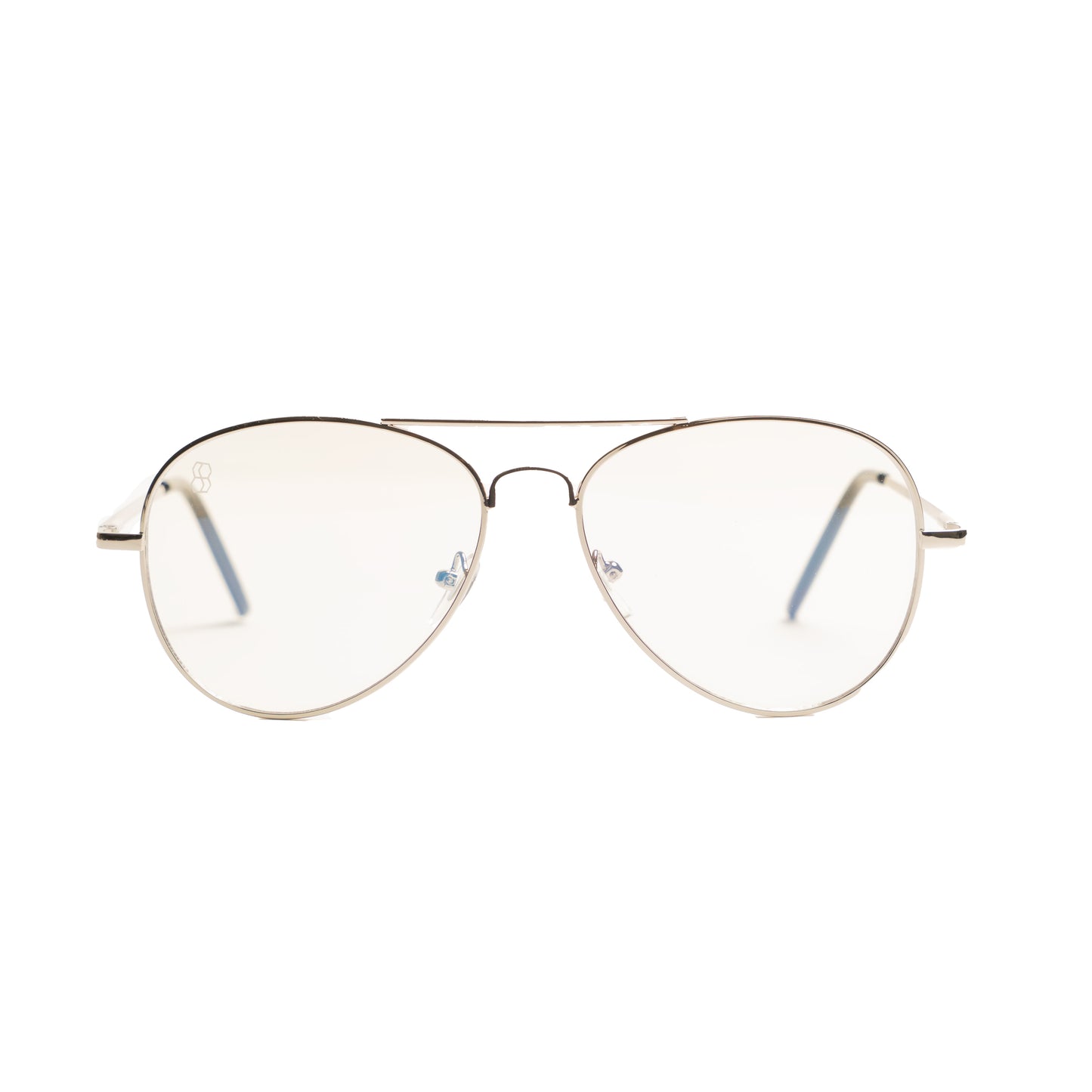 Silver aviator inspired blue light glasses with lightweight metal frames. Minimalist, modern eyewear from 1980nine 