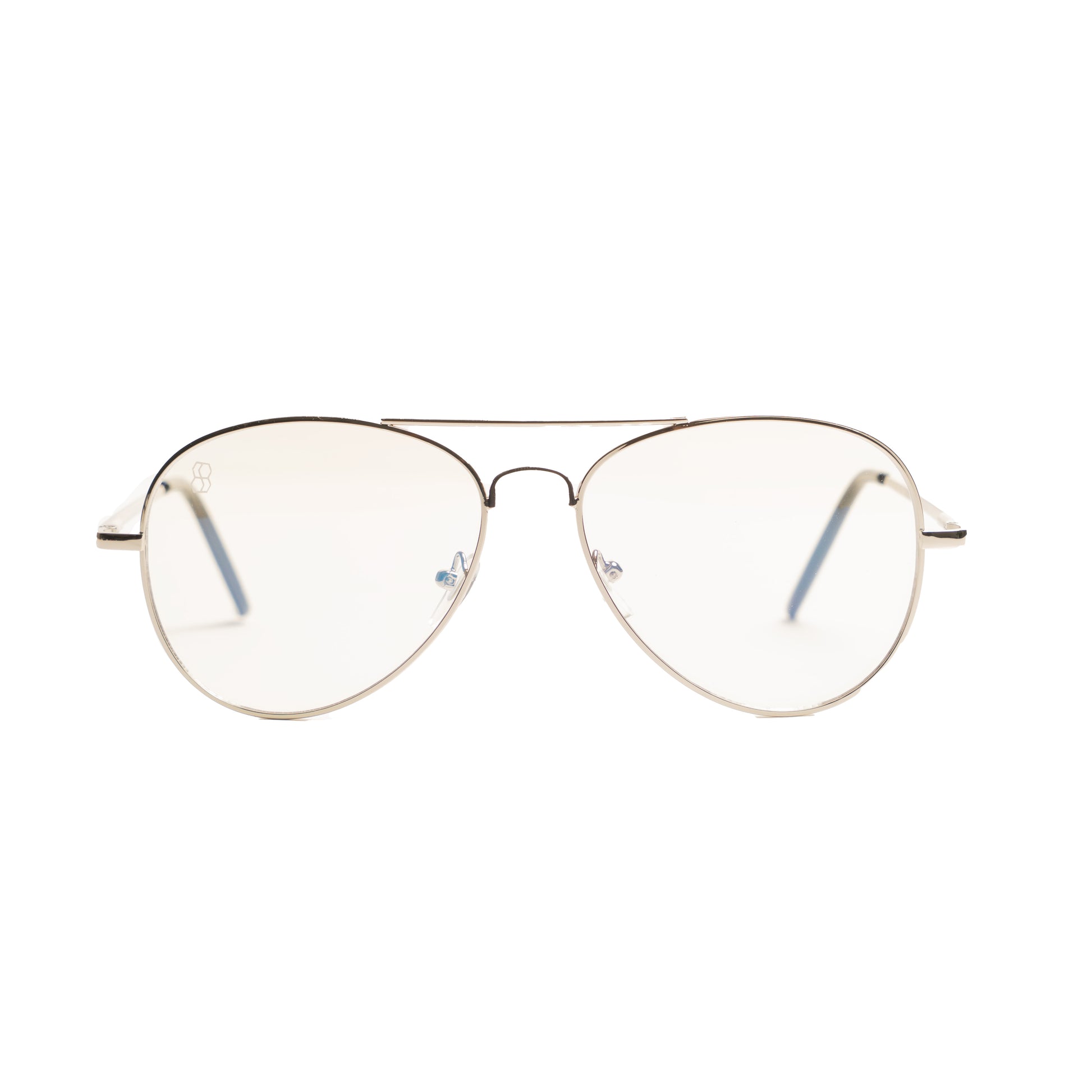 Silver aviator inspired blue light glasses with lightweight metal frames. Minimalist, modern eyewear from 1980nine 