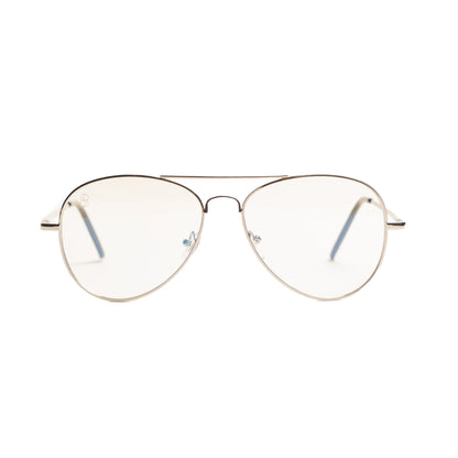 Silver aviator inspired blue light glasses with lightweight metal frames. Minimalist, modern eyewear from 1980nine 