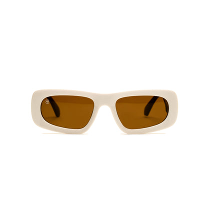 Bold rectangular sunglasses with white frame and dark tinted lenses.