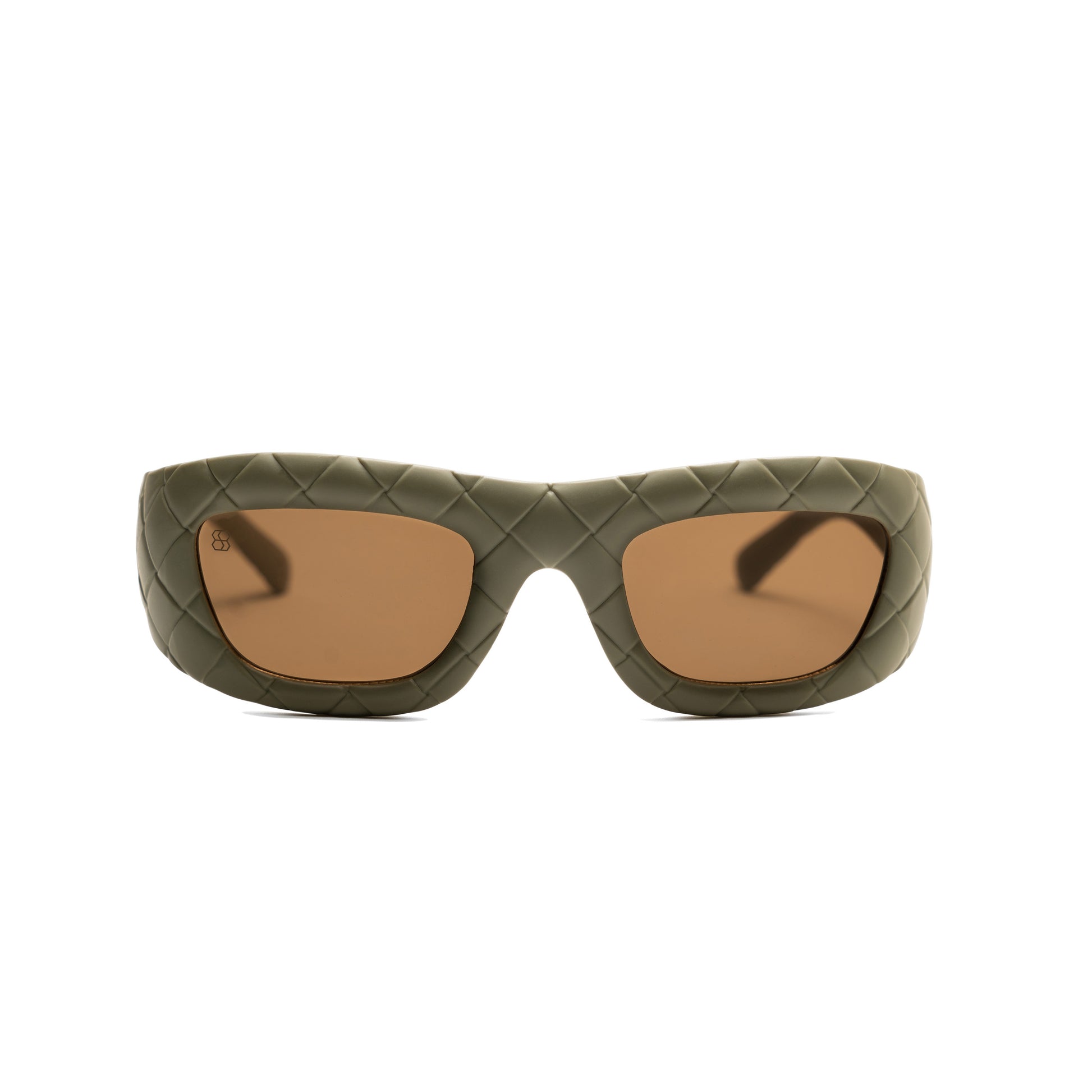 Oversized hunter green quilted chunky frame sunglasses with gradient lenses.