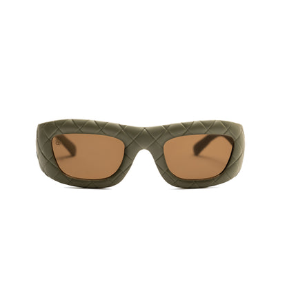 Oversized hunter green quilted chunky frame sunglasses with gradient lenses.