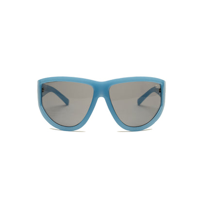 Oversized curved sunglasses with sleek blue frame and smokey grey lenses.