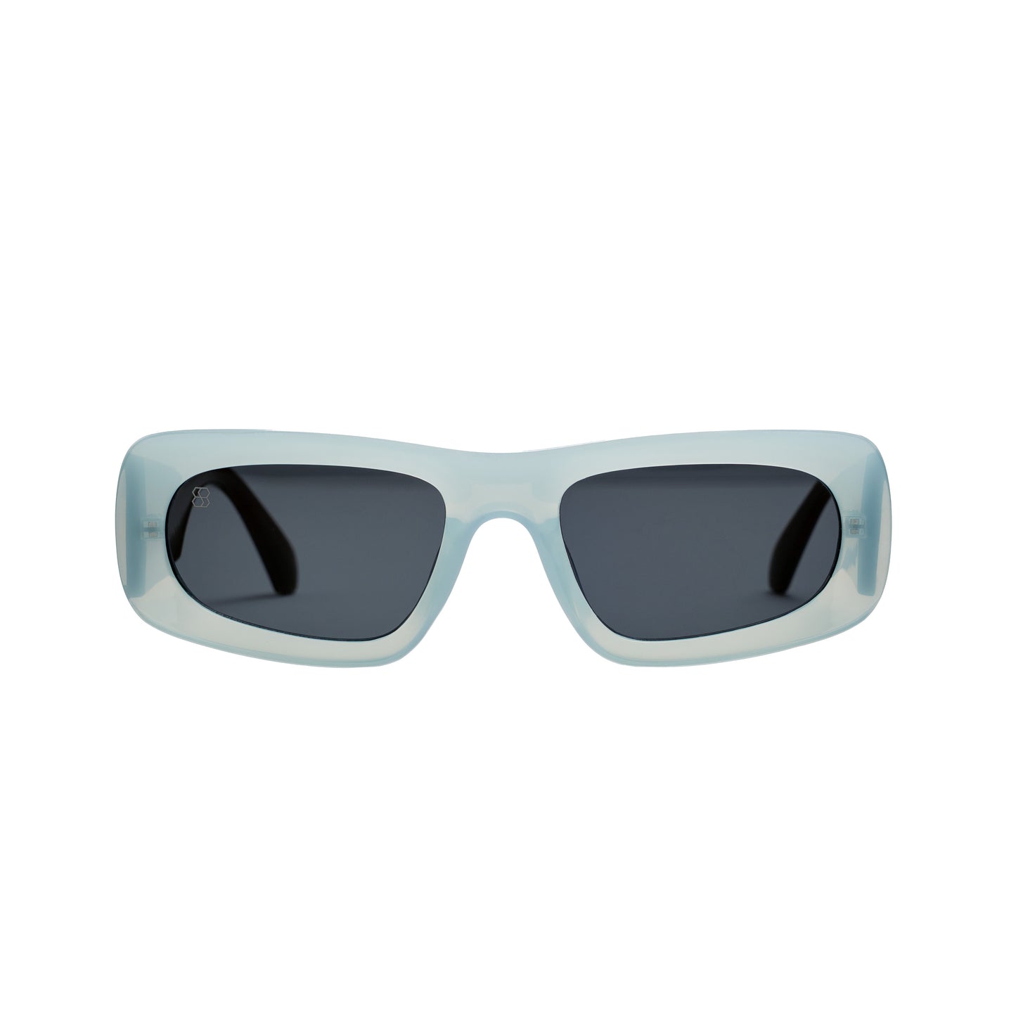 Bold rectangular sunglasses with blue frame and dark tinted lenses.