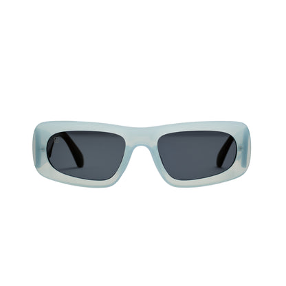Bold rectangular sunglasses with blue frame and dark tinted lenses.