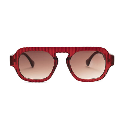 Oversized rectangular shield sunglasses with deep red ribbe frame and gradient rose-tinted lenses.