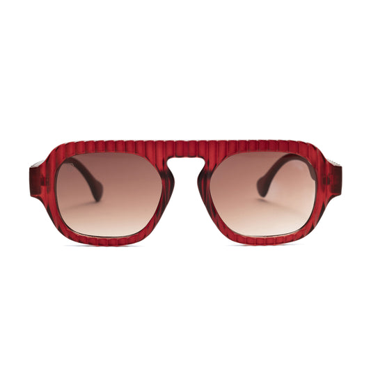 Oversized rectangular shield sunglasses with deep red ribbe frame and gradient rose-tinted lenses.