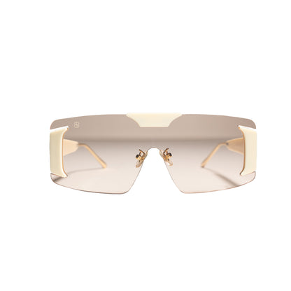 Oversized frameless shield sunglasses with gradient lens and accent temples