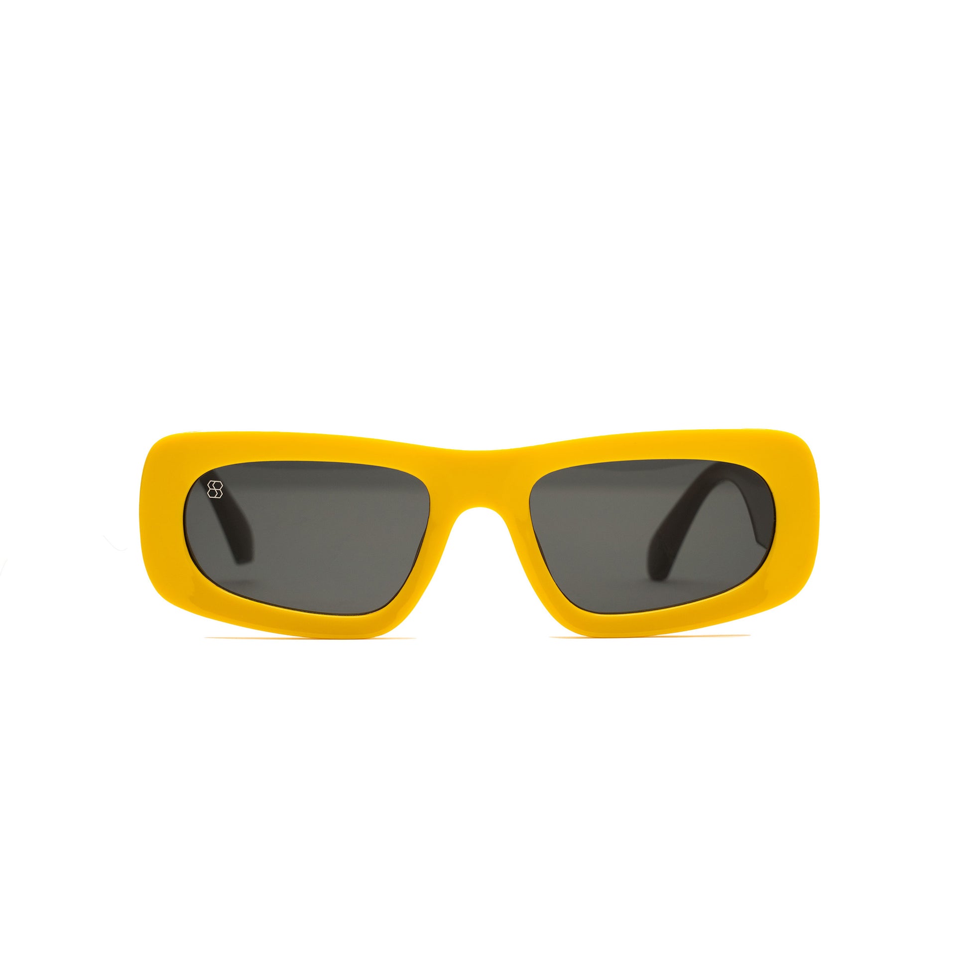 Bold rectangular sunglasses with yellow frame and dark tinted lenses.
