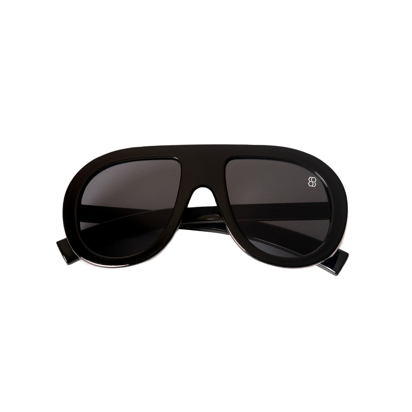 Oversized oval sunglasses with thick frames, available in green with yellow lenses, black with dark lenses, and blue with purple-tinted lenses. Wide, bold arms.