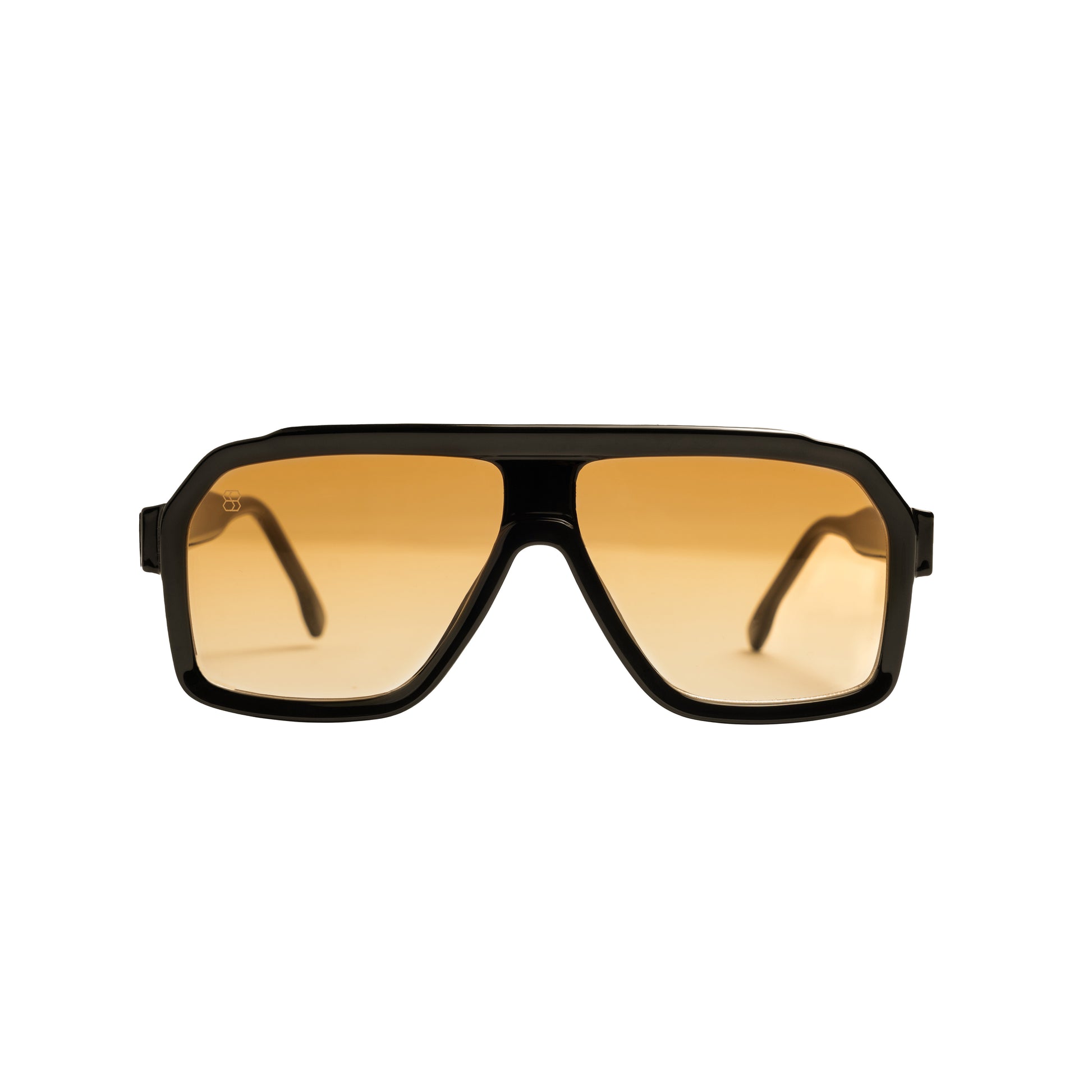 Oversized square sunglasses with thick frame and amber gradient lenses viewed from front