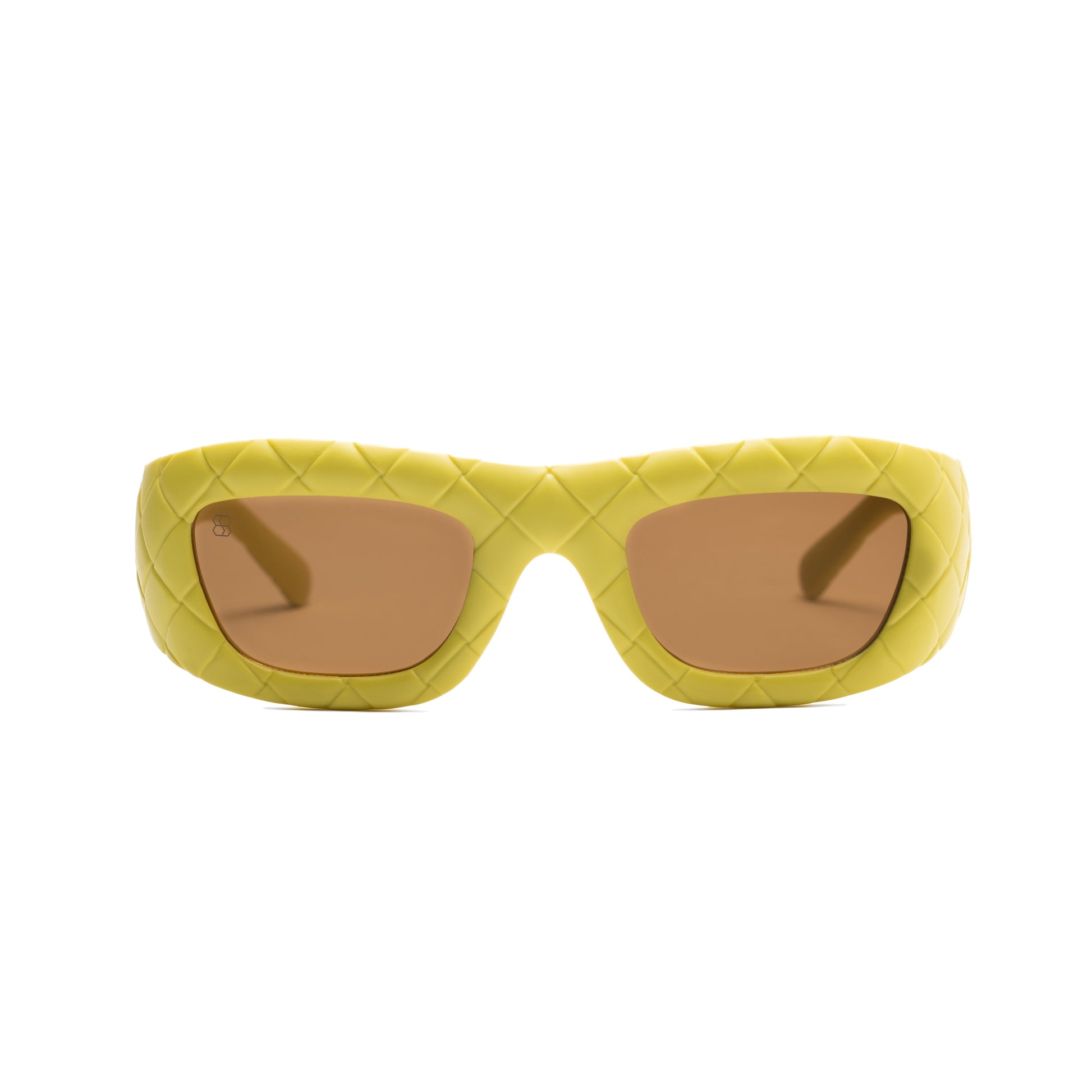 Oversized yellow quilted chunky frame sunglasses with gradient lenses.