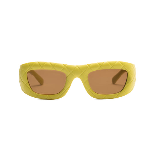 Oversized yellow quilted chunky frame sunglasses with gradient lenses.