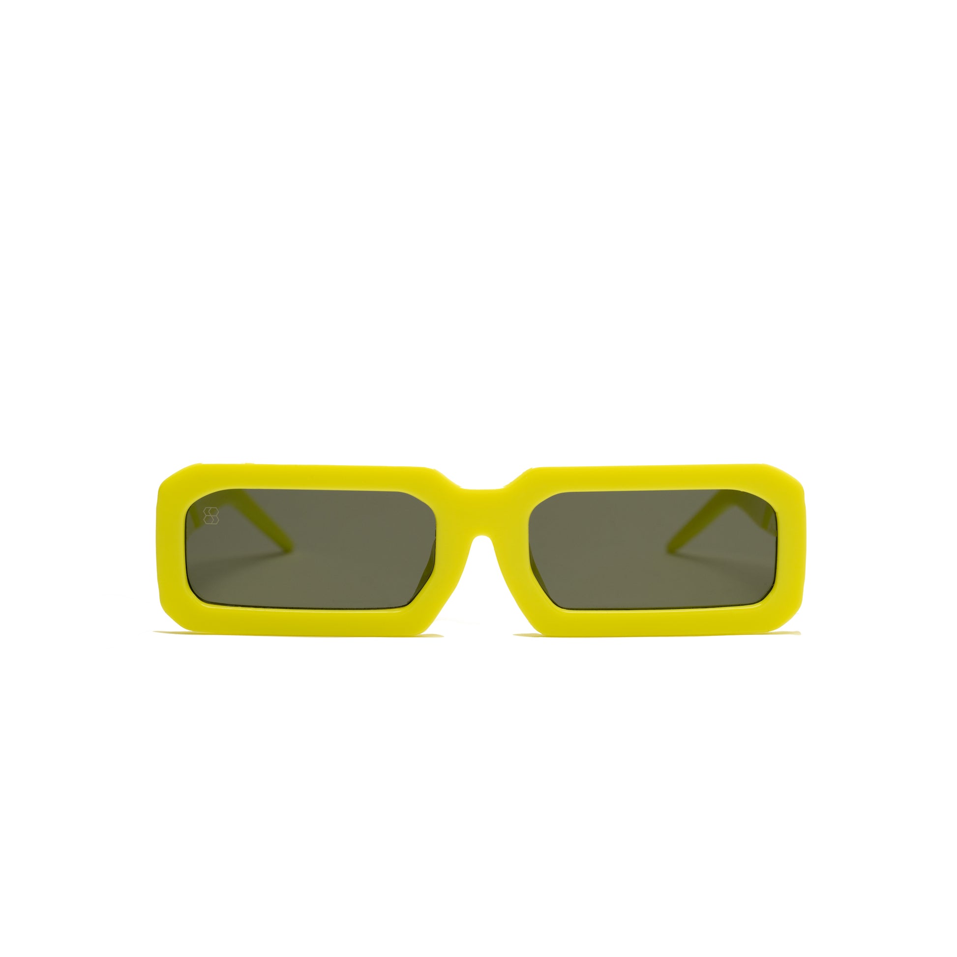Yellow sunglasses with dark lenses on a white background