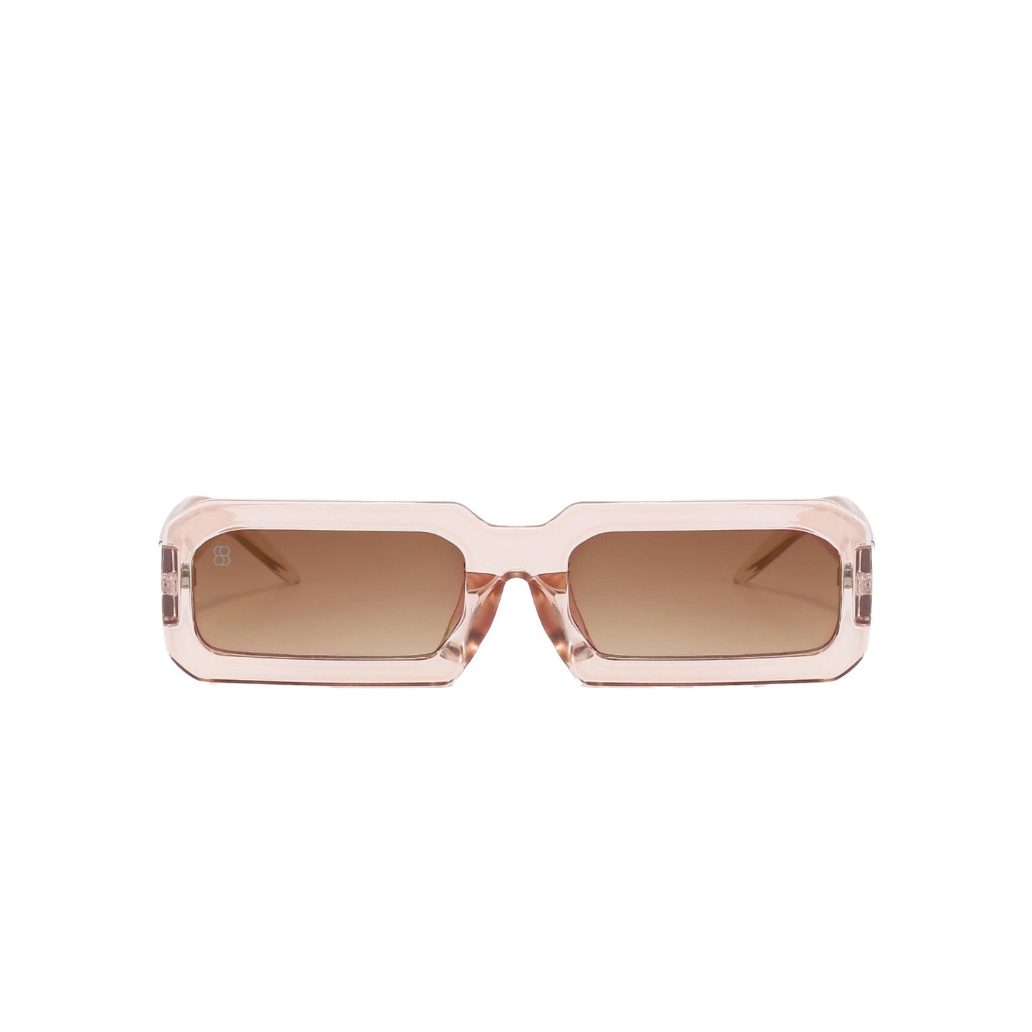 Sunglasses with a rose gold frame and brown lenses on a white background