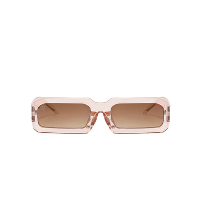 Sunglasses with a rose gold frame and brown lenses on a white background