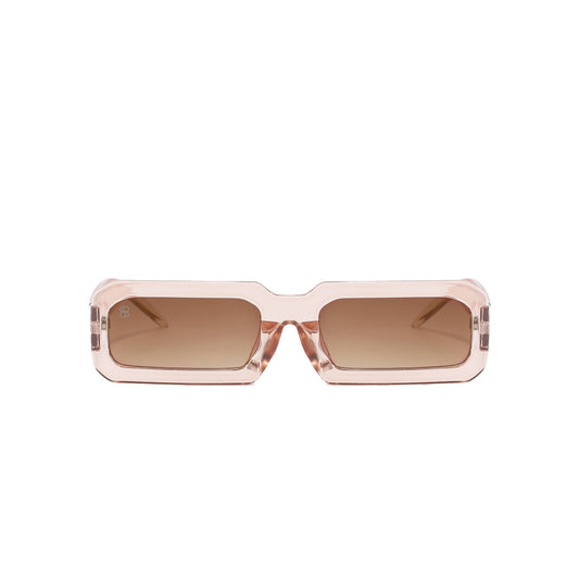 Sunglasses with a rose gold frame and brown lenses on a white background