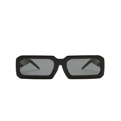 Black sunglasses with dark lenses on a white background