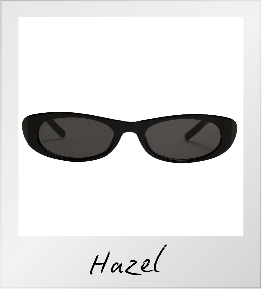 Black sunglasses with 'Hazel' text on a white background