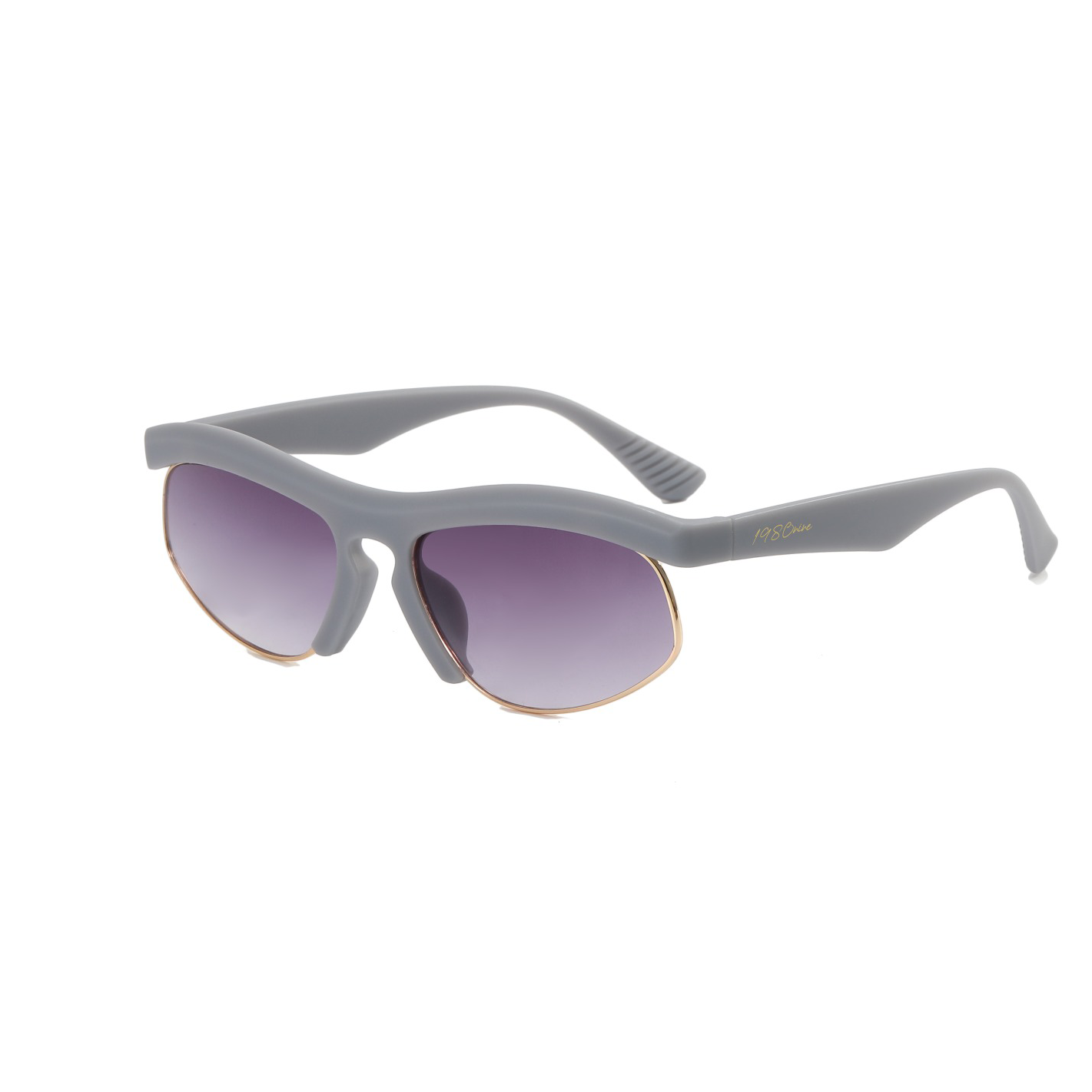 Gray sunglasses with purple gradient lenses on a white background